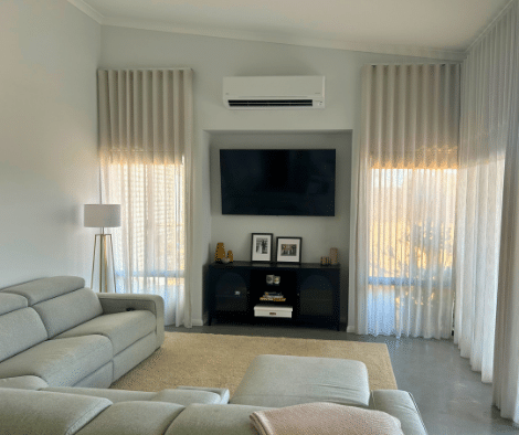 Modular home living room with S-Fold curtains