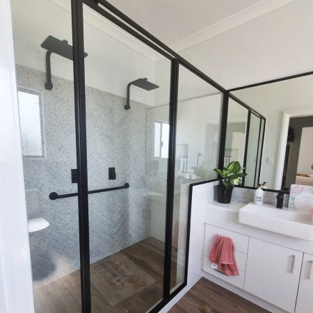 Black support rail in TR Homes modular bathroom